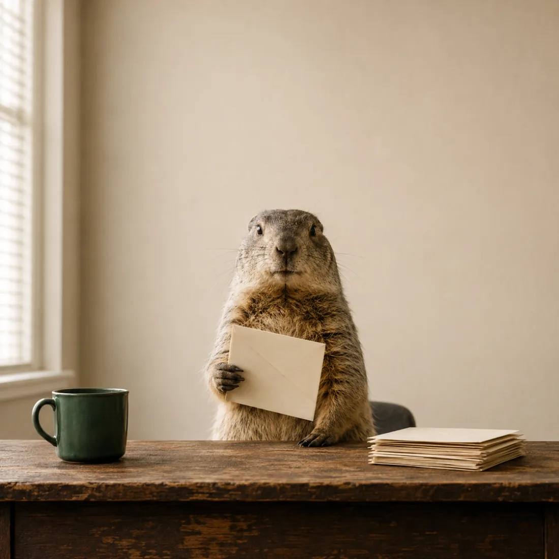 The GoForClose gopher at a desk, sorting county records and outgoing letters over a green mug of coffee