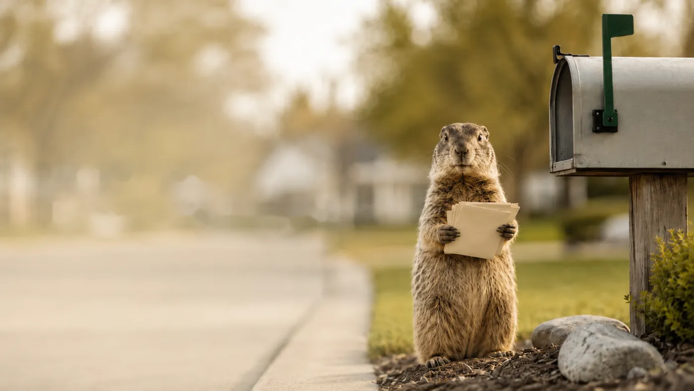 A gopher waiting at a roadside mailbox holding an envelope — first to the distressed owner