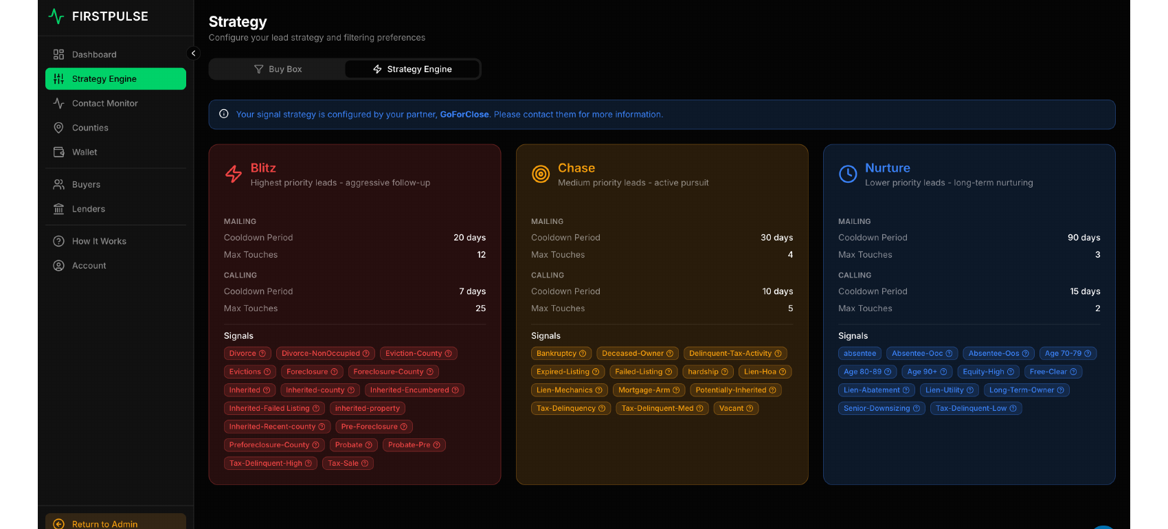 FirstPulse Strategy Engine — full per-lane signal lists with cooldowns and max touches per channel